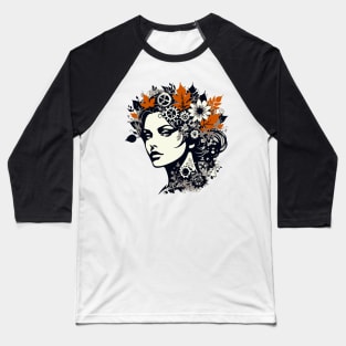 Graphic Art Portrait – Woman, Leaves, And Gears Baseball T-Shirt